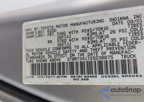 2002 Toyota Tundra Sr5 V8 из США, поврежденный, VIN 5TBRT34172S238875